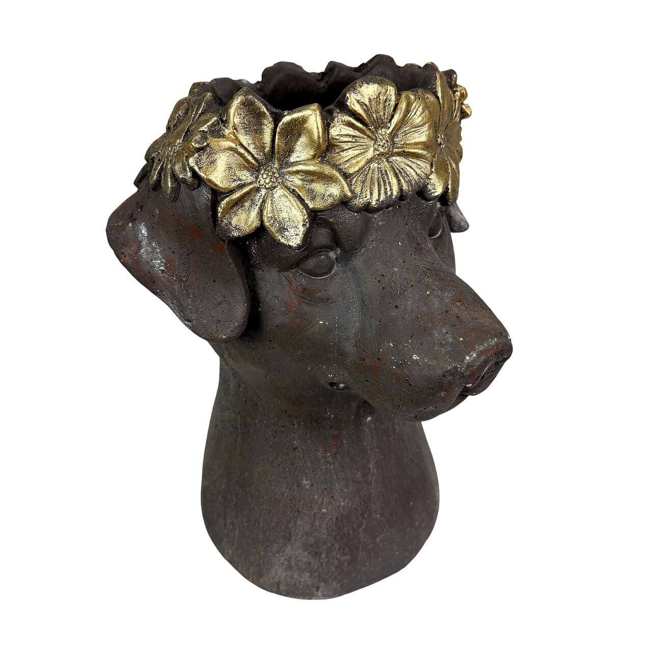Dog Bust Planter Brown Gold Distressed 13.25 in Magnesium Oxide Pot